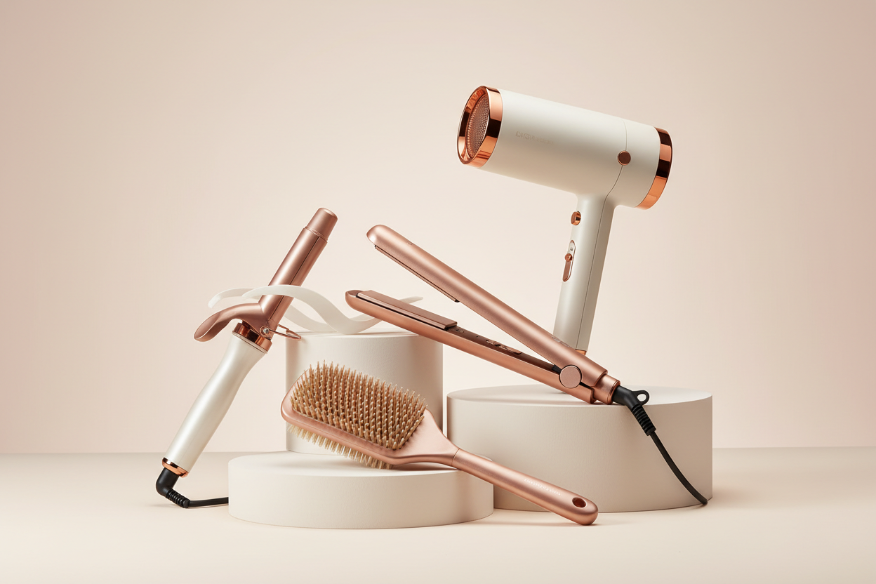 Ultra-realistic luxury women’s bag studio banner photography.
A premium women’s handbag collection (tote, shoulder bag, clutch, crossbody) arranged elegantly on soft matte dome pedestals at varying heights.
Professional high-end studio setup, clean seamless background in soft warm white with a subtle beige gradient, giving a premium feminine look.
Soft diffused lighting from both sides with a gentle top light to highlight texture, stitching, and material quality.
but for the hair strainer curler and other 